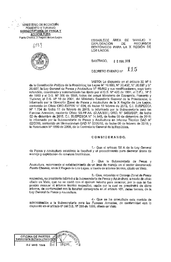 Dec. Ex. N° 115-2018 Establece Área de Manejo Punta Chomio, X Región. (Publicado en Pagina Web 14-03-2018) (F.D.O. 14-03-2018)