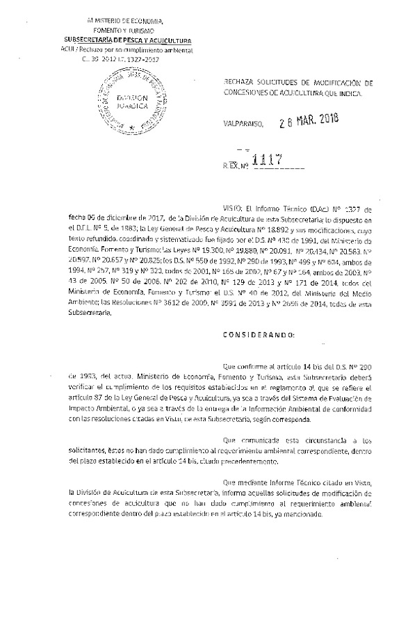 Res. Ex. N° 1117-2018 Rechaza solicitudes de modificación de concesiones de acuicultura que indica.