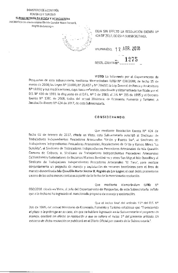 Res. Ex. N° 1275-2018 Deja sin efecto Res. Ex. N° 424-2017.