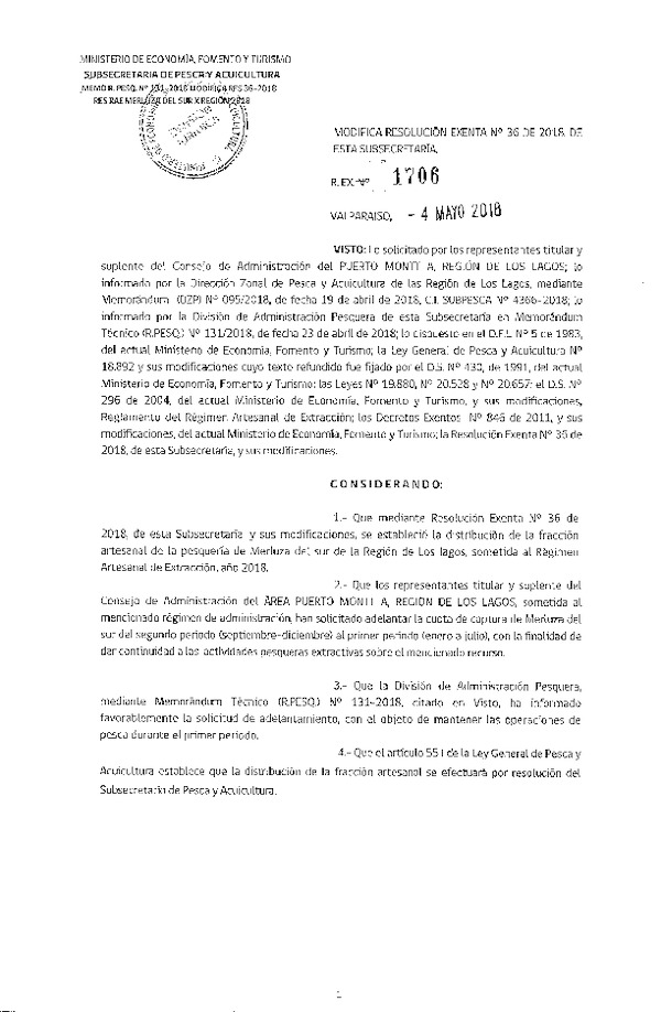 Res. Ex. N° 1706-2018 Modifica Res. Ex. N° 36-2018 Distribución de la Fracción Artesanal de Pesquería de Merluza del Sur, X Región, Año 2018. (Publicado en Página Web 07-05-2018)