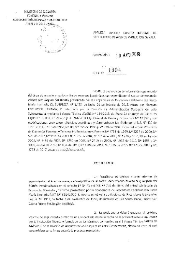 Res. Ex. N° 1994-2018 14° Seguimiento.