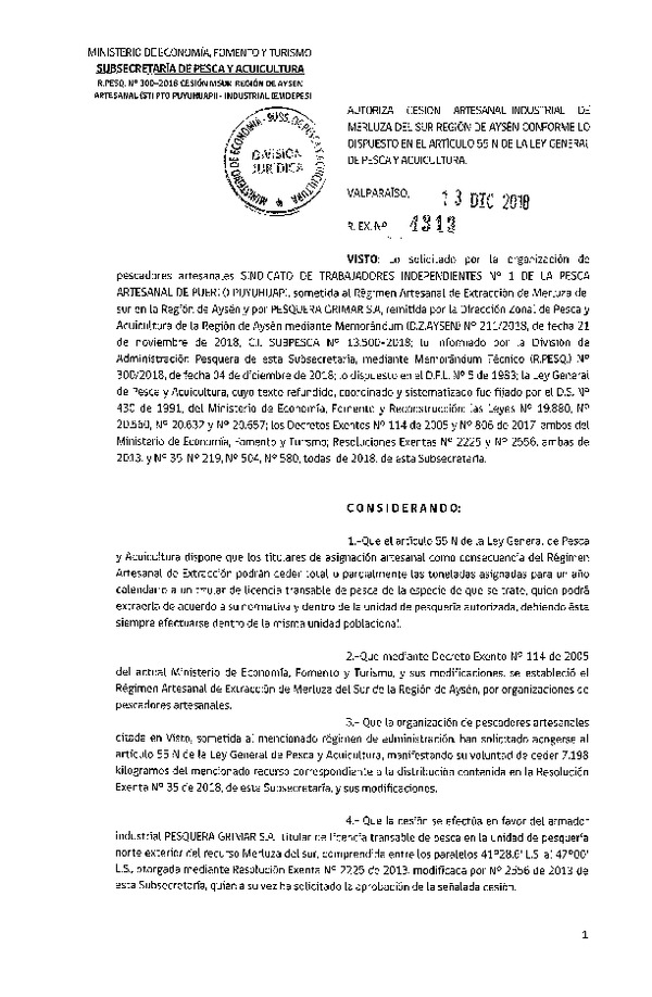 Res. Ex. N° 4313-2018 Cesión Merluza del sur Región de Aysén.
