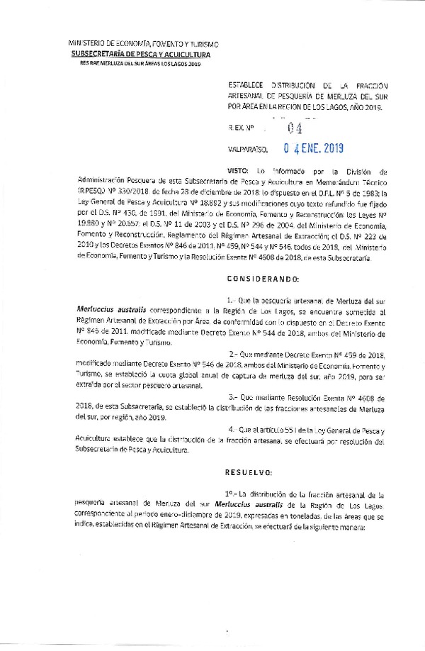 Res. Ex. N° 4-2019 Distribución de la Fracción Artesanal de Pesquería de Merluza del Sur por Área, Región de Los Lagos, año 2019. (Publicado en Página Web 04-01-2019) (F.D.O. 14-01-2019)