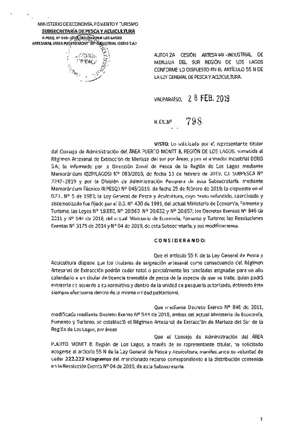Res. Ex. N° 798-2019 Cesión Merluza del sur Región de Los Lagos.