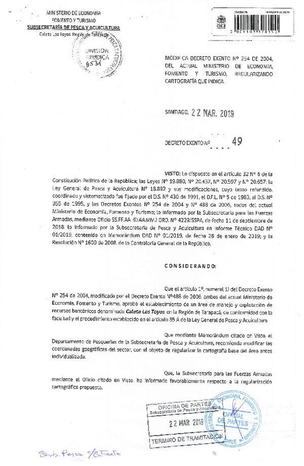 Dec. Ex. N° 49-2019, Modifica Dec. Ex. N° 254-2004, Regulariza Cartografía que Indica, Caleta Los Toyos, Región de Tarapacá. (Publicado en Página Web 29-03-2019) (F.D.O. 02-04-2019)