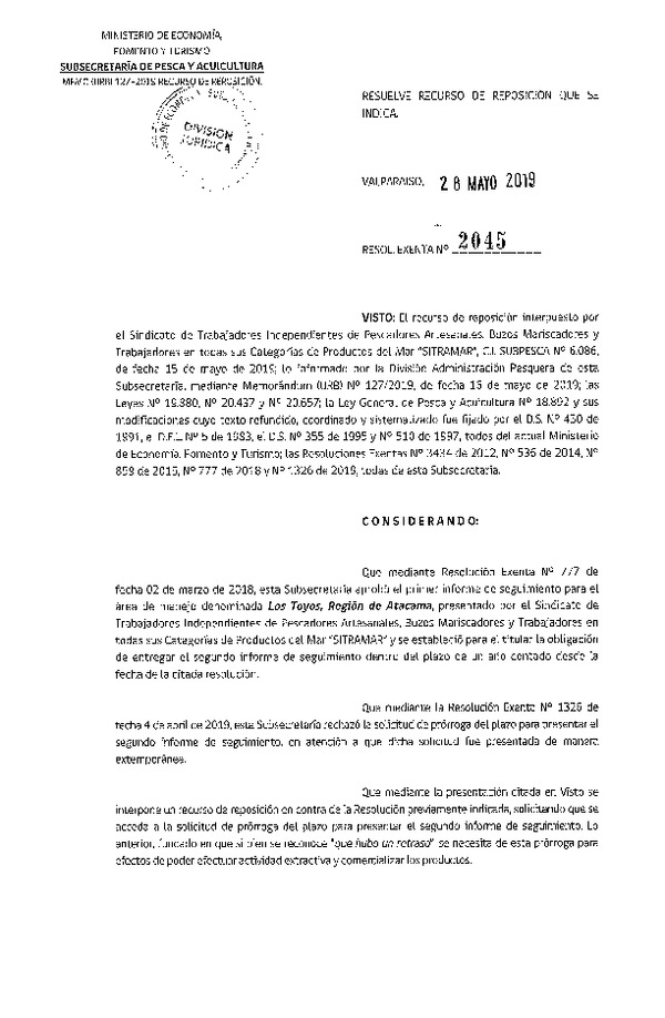 Res. Ex. N° 2045-2019 Resuelve recurso de reposición.
