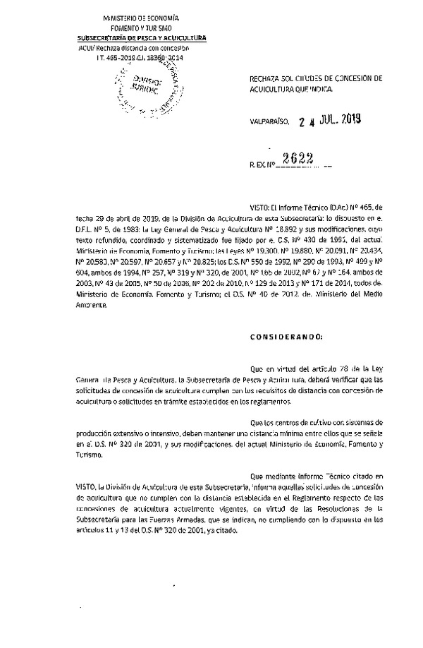 Res. Ex. N° 2622-2019 Rechaza solicitudes de concesión de acuicultura que indica.