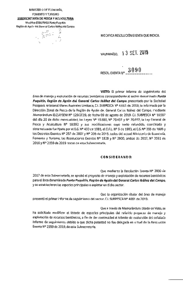 Res. Ex. N° 3090-2019 Modifica Res. Ex. N° 2800-2017.