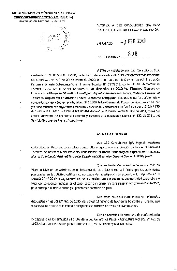 Res. Ex. N° 300-2020, Autoriza A GS3 Consultores SpA., para realizar pesca de investigación que indica. (Publicado en Página Web 10-02-2020).