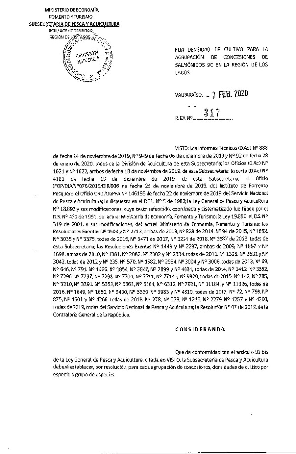 Res. Ex. N° 317-2020, Fija densidad de Cultivo para la Agrupación de concesiones de Salmónidos 9C, en la Región de Los Lagos. (Con Informe Técnico) (Publicado en Página Web 11-02-2020)(F.D.O. 25-02-2020).