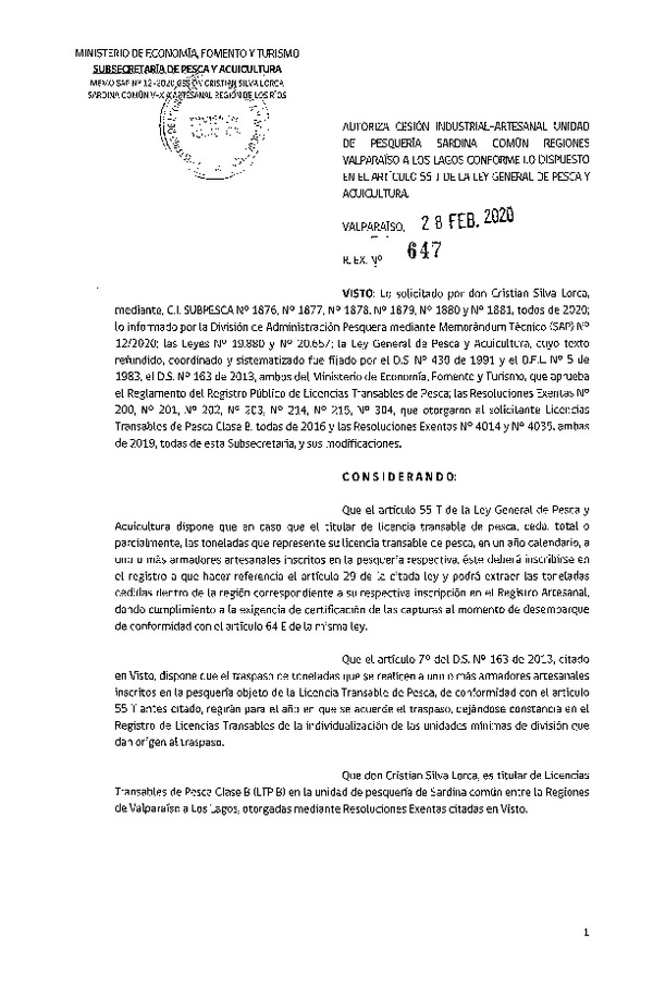 Res. Ex N° 647-2020, Autoriza Cesión Industrial-Artesanal unidad de pesquería Sardina Común Regiones Valparaíso-Los Lagos (Publicado en Página Web 02-03-2020)