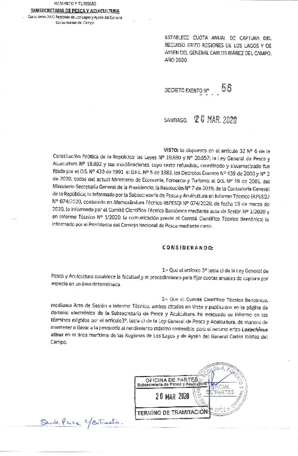Dec. Ex. N° 58-2020 Establece Distribución Cuota del Recurso Erizo, Regiones de Los Lagos y Aysén del General Carlos Ibañez del Campo, Año 2020. (Publicado en Página Web 23-03-2020) (F.D.O. 26-03-2020)