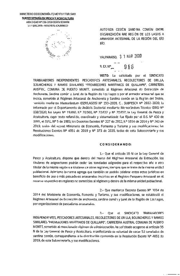 Res. Ex. N° 916-2020 Autoriza cesión Sardina común Región de Los Lagos a Región del Biobío. (Publicado en Página Web 02-04-2020)
