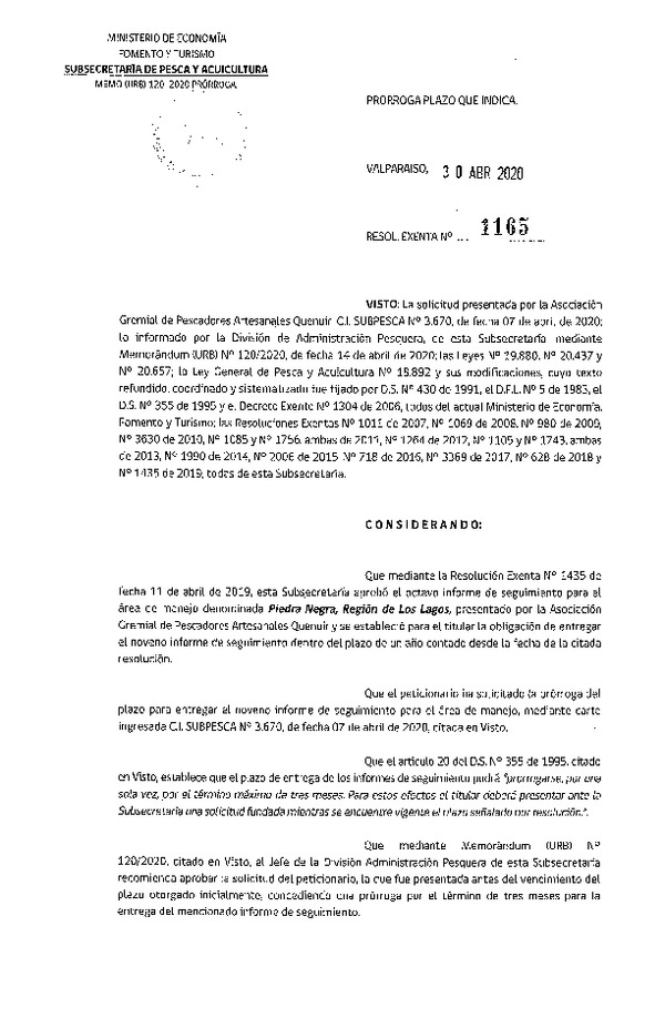 Res Ex N° 1165-2020 Prorroga 9° Seguimiento. (Publicado en Página Web 05-05-2020)