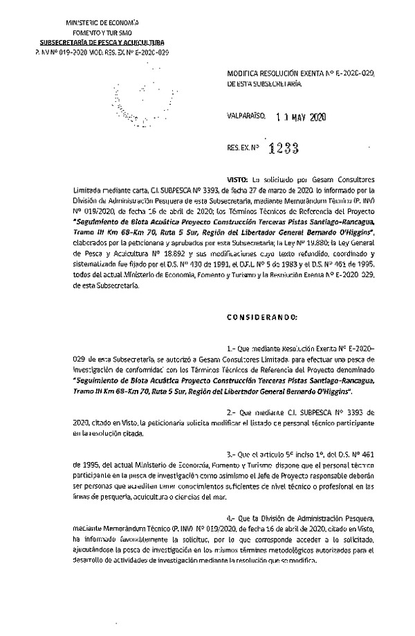 Res. Ex. N° 1233-2020 Modifica R. EX. Nº E-2020-029. (Publicado en Página Web 12-05-2020).