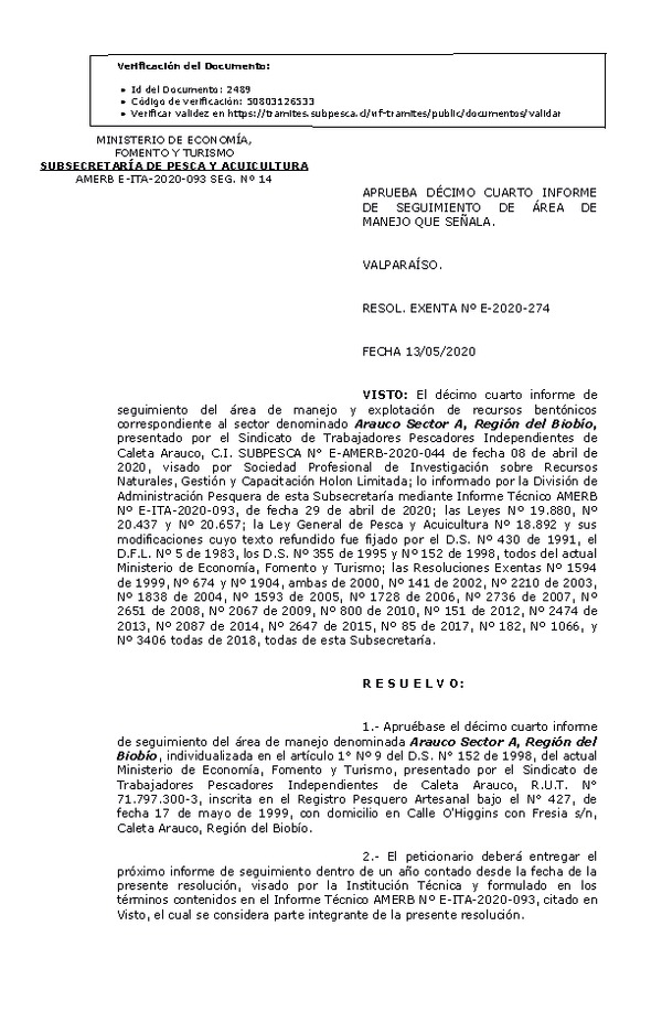 R. EX. Nº E-2020-274 14° Seguimiento. (Publicado en Página Web 14-05-2020)