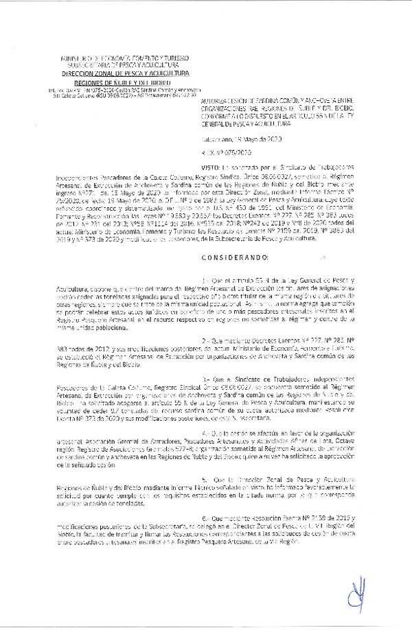 Res Ex N° 0075-2020, (DZP VIII), Autoriza cesión Sardina Común y Anchoveta Región de Ñuble-Biobío (Publicado en Página Web 19-05-2020)