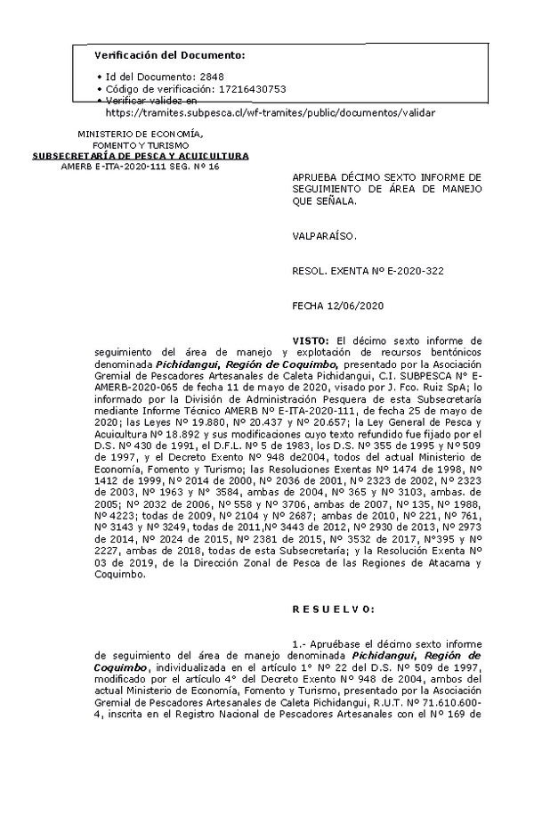 RESOL. EXENTA Nº E-2020-322 16° Seguimiento. (Publicado en Página Web 16-06-2020)