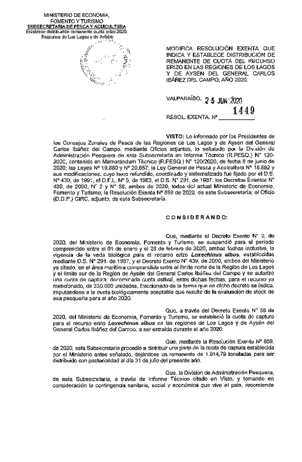 Res. Ex. N° 1449-2020 Modifica Res. Ex. N° 859-2020 y Establece Distribución de Remanente de Cuota del Recurso Erizo, en las Regiones de Los Lagos y de Aysén del General Carlos Ibañez del Campo, Año 2020. (Publicado en Página Web 02-07-2020)