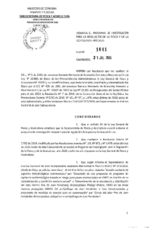Res. Ex. N° 1641-2020 Modifica Res. Ex. N° 3782-2019 Aprueba Programa de Investigación para la Regulación de la Pesca y de la Acuicultura, Año 2020. (Publicado en Página Web 27-07-2020)