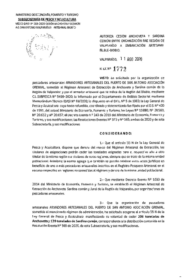 Res. Ex. N° 1772-2020 Autoriza Cesión anchoveta y sardina común Regiones del Valparaíso a Ñuble-Biobío. (Publicado en Página Web 12-08-2020).