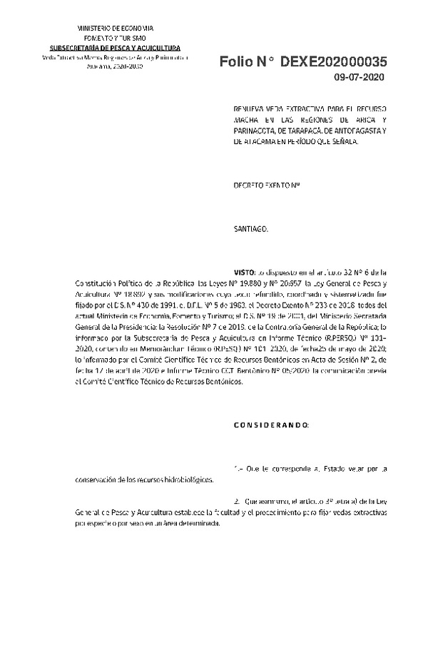 Dec. Ex. N° 035-2020 Renueva Veda Extractiva para el Recurso Macha, en las Regiones de Arica y Parinacota, de Tarapacá, de Antofagasta y de Atacama, en Período que Señala. (Publicado en Página Web 27-08-2020)