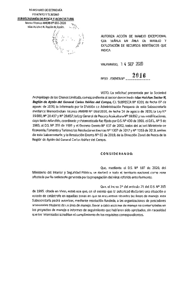 Res. Ex. N° 2016-2020 Autoriza acción de manejo excepcional que señala. (Publicado en Página Web 16-09-2020)