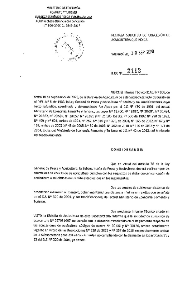Res. Ex. N° 2112-2020 Rechaza solicitud de concesión de acuicultura que indica.