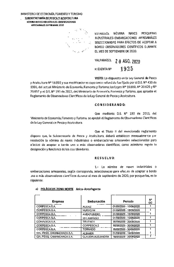 Res. Ex. Nº 1925-2020 Naves mes de septiembre de 2020.