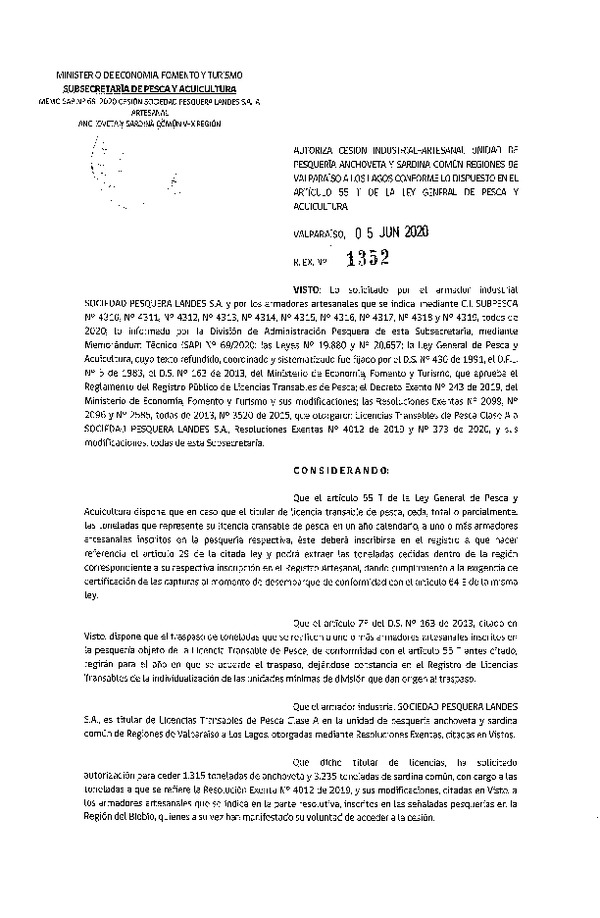 Res. Ex. N° 1352-2020 Autoriza Cesión anchoveta y sardina común Regiones Valparaíso-Los Lagos (Publicado en Página Web 05-06-2020).