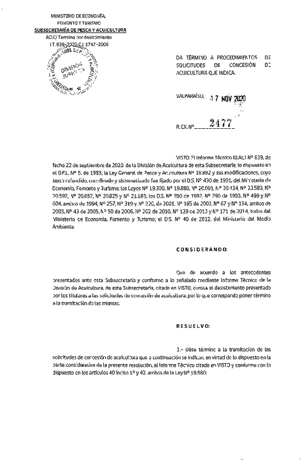 Res. Ex. N° 2477-2020 Da termino a procedimientos de solicitudes de concesión de acuicultura que indica.