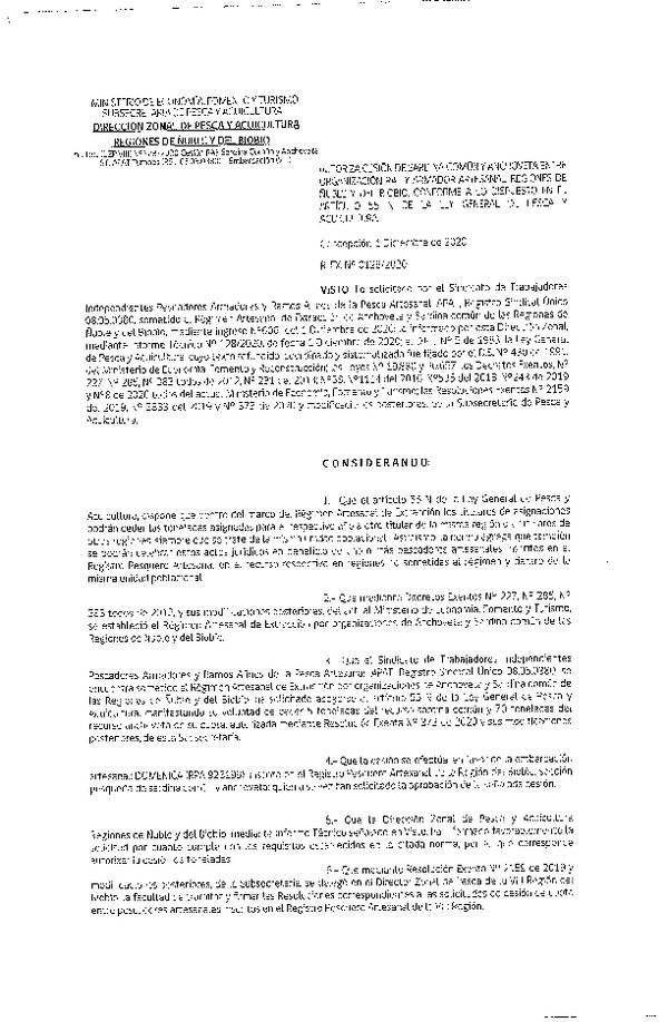 Res. Ex. N° 128-2020 (DZP Ñuble y del Biobío) Autoriza cesión Sardina Común y Anchoveta Región de Ñuble-Biobío (Publicado en Página Web 02-12-2020)