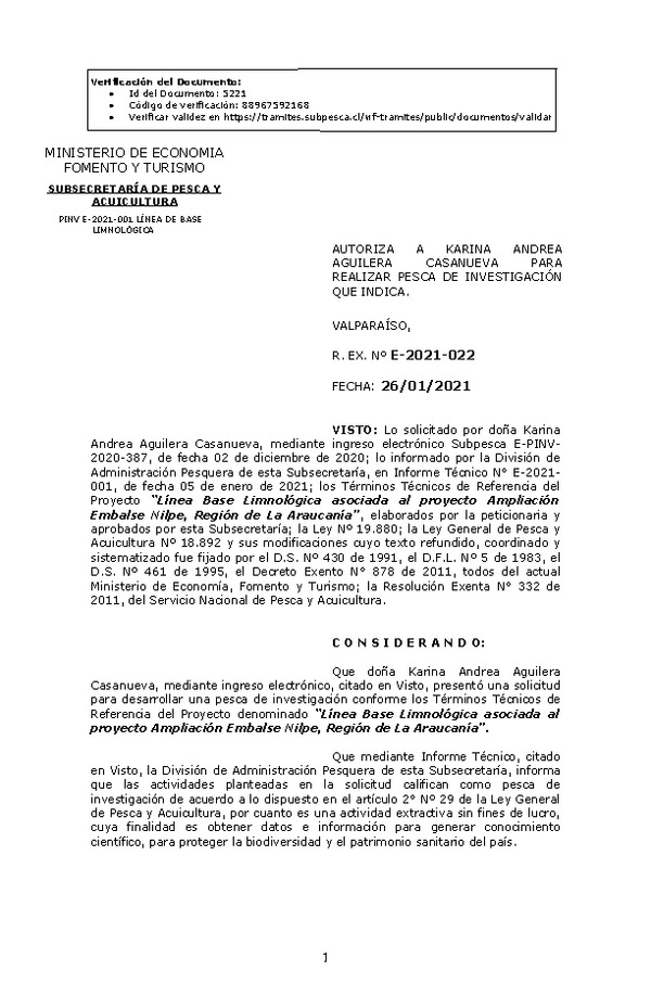 R. EX. Nº E-2021-022 Línea Base Limnológica asociada al proyecto Ampliación Embalse Nilpe, Región de La Araucanía. (Publicado en Página Web 28-01-2021)