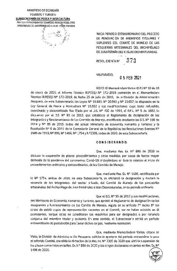 Res. Ex. N° 373-2021 Inicia periodo extraordinario del proceso de renovación de miembros titulares y suplentes del Comité de Manejo de las Pesquerías Artesanales de Juan Fernández e Islas Desventuradas. (Publicado en Página Web 11-02-2021)