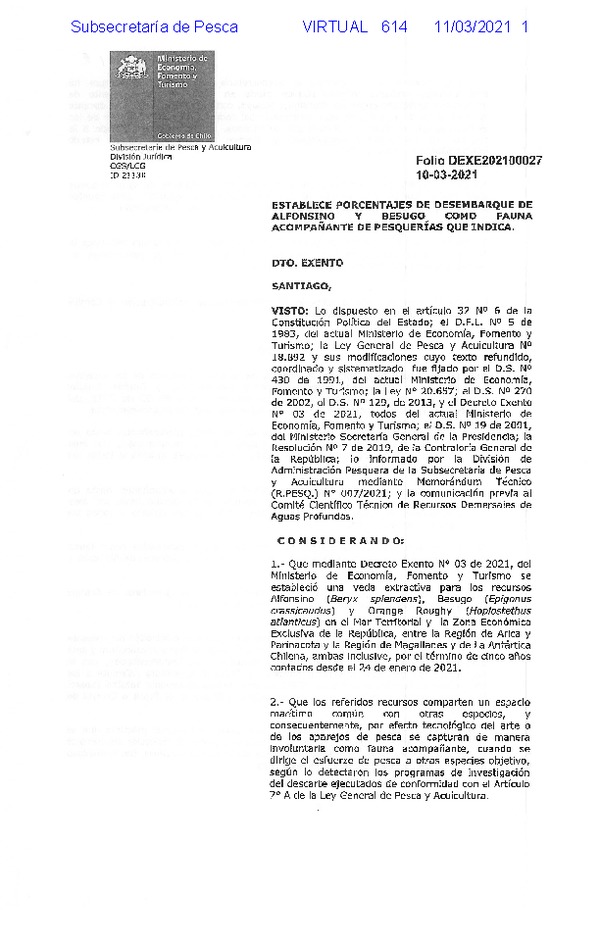 Dec. Ex. Folio N° DEXE202100027 Establece Porcentajes de Desembarque de Alfonsino y Besugo como Fauna Acompañante de Pesquerías que Indica.  (Publicado en Página Web 12-03-2021).