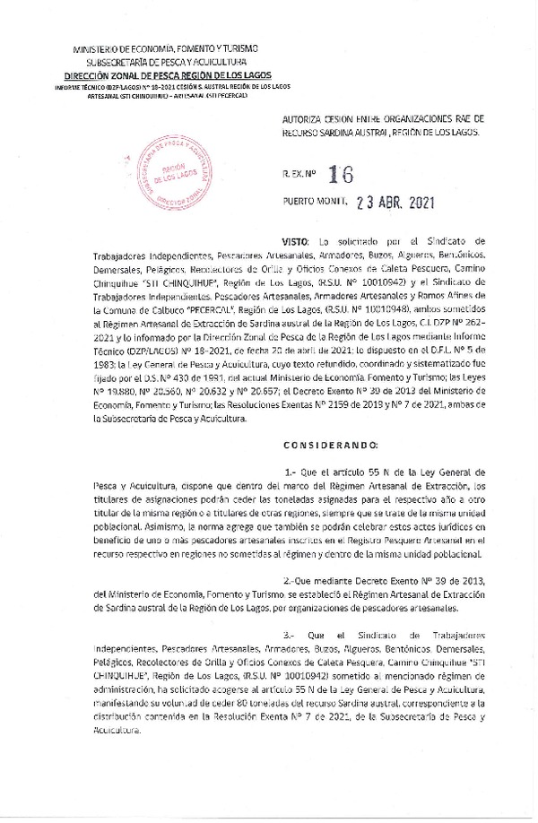 Res. Ex. 16-2021 (DZP Región de Los Lagos) Autoriza cesión sardina austral Región de Los Lagos. (Publicado en Página Web 23-04-2021)