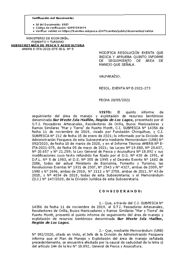 RESOL. EXENTA Nº E-2021-273 Modifica Resolución que indica, Aprueba 5° Seguimiento. (Publicado en Página Web 20-05-2021)