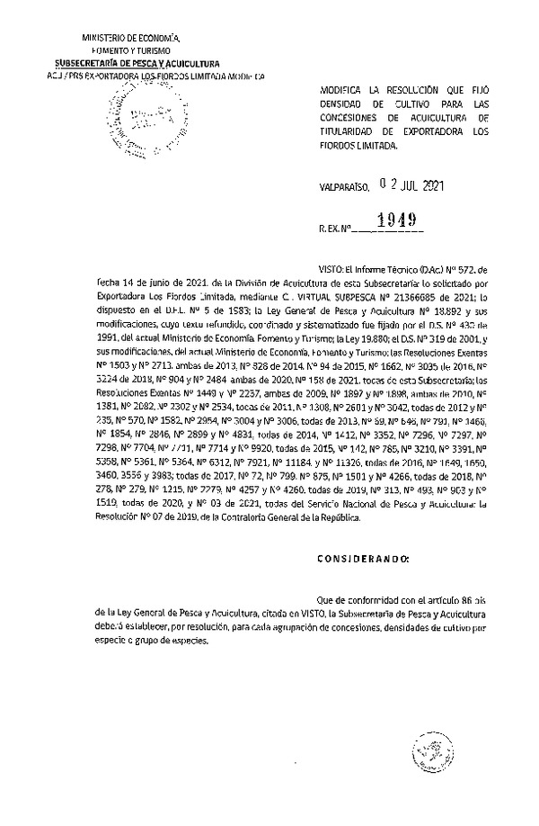 Res. Ex. N° 1949-2021 Modifica Res. Ex. 158-2021 Fija densidad de cultivo para concesiones de acuicultura de titularidad de Exportadora Los Fiordos Limitada. (Con Informe Técnico) (Publicado en Página Web 06-07-2021)