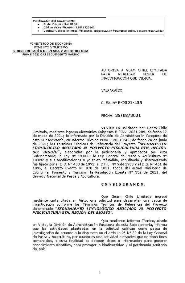 R. EX. Nº E-2021-435 SEGUIMIENTO LIMNOLÓGICO ASOCIADO AL PROYECTO PISCICULTURA STH, REGIÓN DEL BIOBÍO. (Publicado en Página Web 26-08-2021)