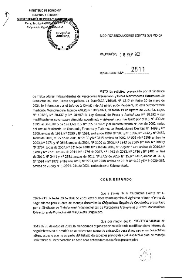 Res. Ex. N° 2511-2021 Modifica Res. Ex. N° 1590 y 1591, ambas de 1999. (Publicado en Página Web 09-09-2021)