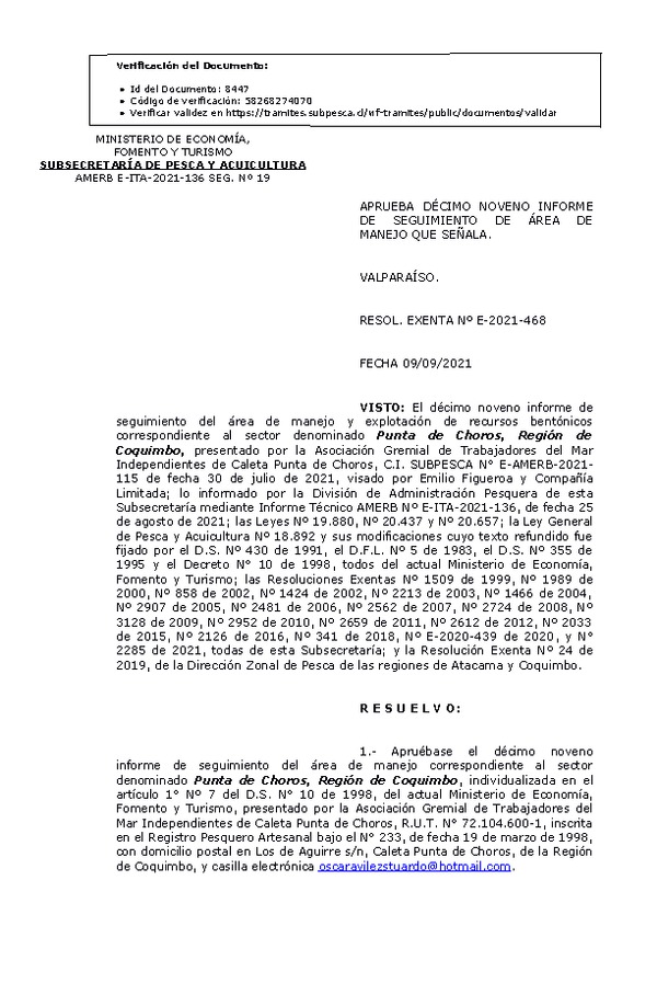 RESOL. EXENTA Nº E-2021-468 Décimo Noveno Seguimiento. (Publicado en Página Web 10-09-2021)