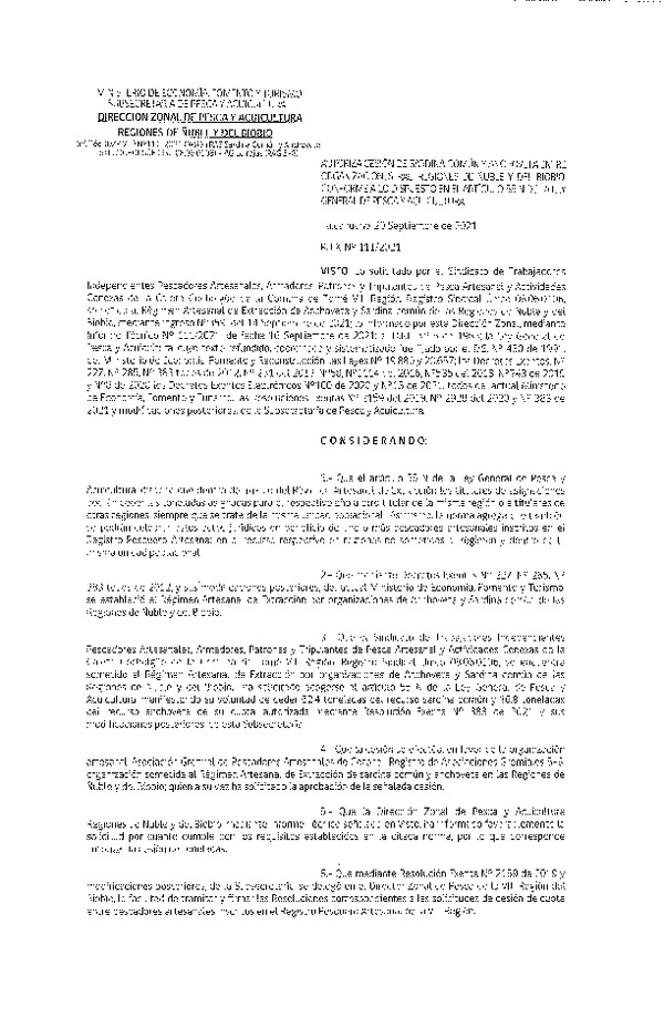 Res. Ex. N° 111-2021 (DZP Ñuble y del Biobío) Autoriza cesión Sardina Común y Anchoveta Región de Ñuble-Biobío (Publicado en Página Web 21-09-2021)