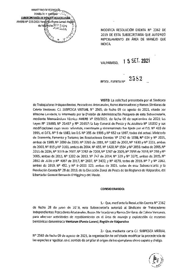 Res. Ex. N° 2582-2021 Modifica Res. Ex. N° 2362-2019. (Publicado en Página Web 22-09-2021)