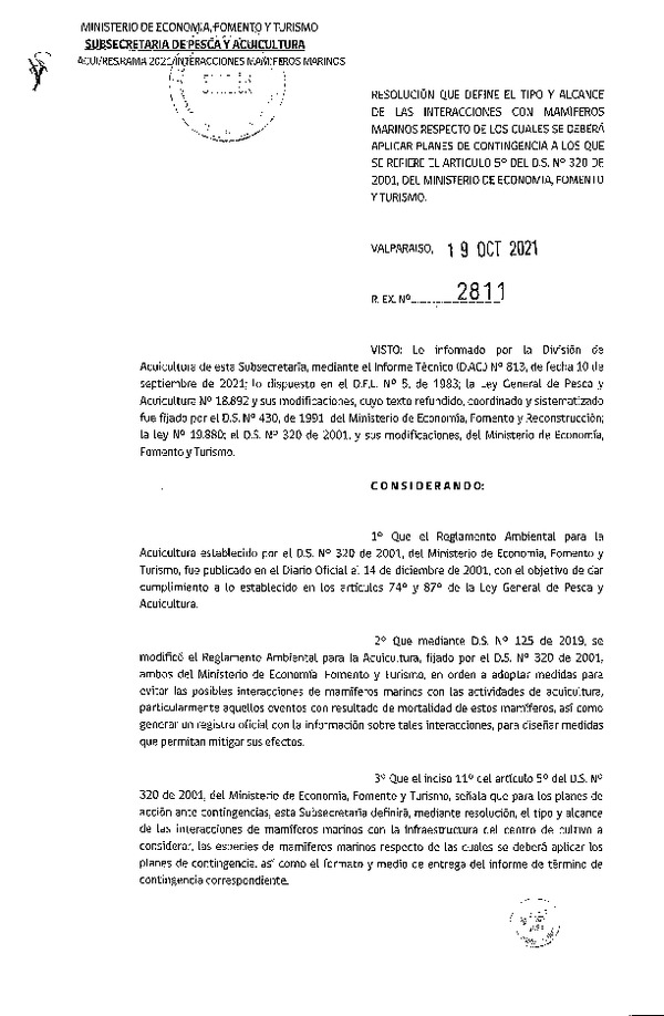 Res. Ex. N° 2811-2021 Define el Tipo y Alcance de las Interacciones con Mamíferos Marinos Respecto de los Cuales se Deberá Aplicar Planes de Contingencia a los que se Refiere el Artículo 5° del D.S. N° 320 de 2001, del Ministerio de Economía, Fomento y Turismo. (Publicado en Página Web 20-10-2021)