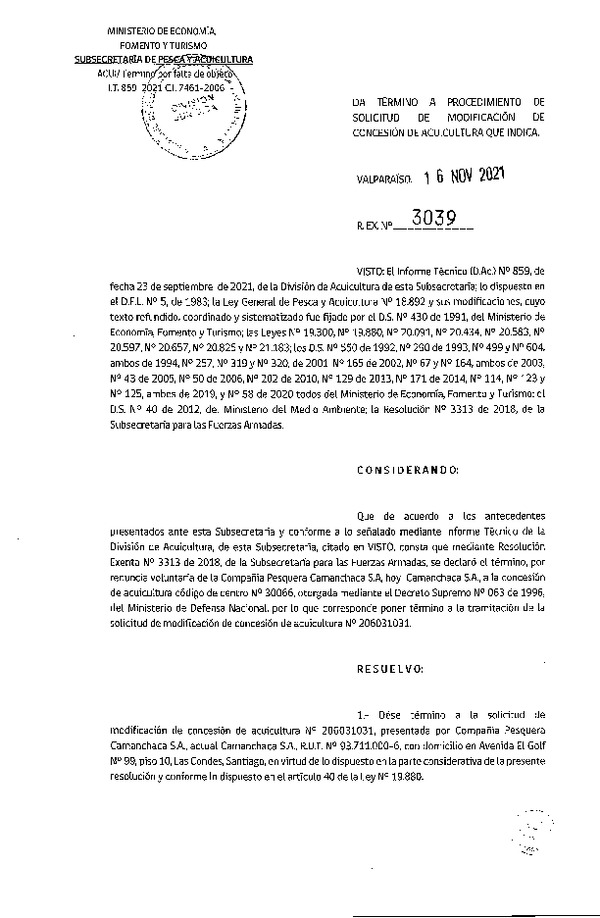 Res. Ex. N° 3039-2021 Da término a procedimientos de modificación de concesión de acuicultura que indica.