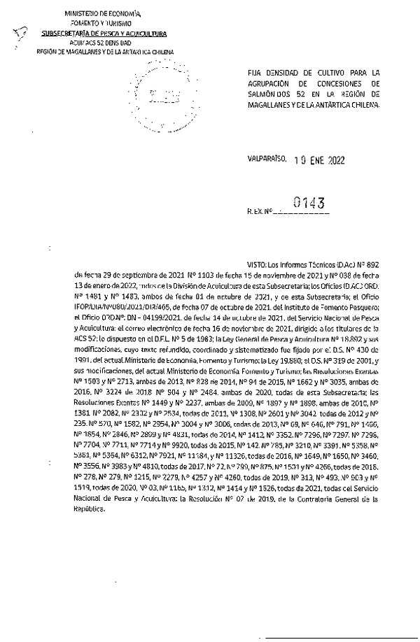 Res. Ex. N° 0143-2021 Fija densidad de cultivo para las agrupación de concesiones de salmónidos 52 en la Región de Magallanes y de La antártica Chilena. (Publicado en Página Web 20-01-2022)