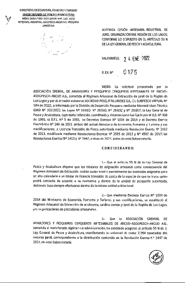 Res Ex N° 0175-2022, Autoriza Cesión de Jurel Región de Los Lagos. (Publicado en Página Web 25-01-2022).