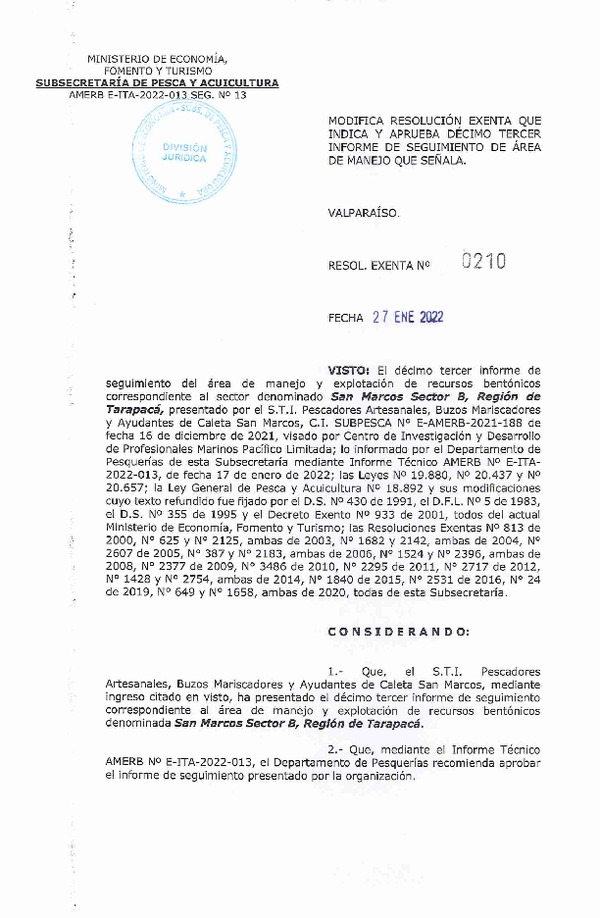 Res. Ex. N° 210-2022 Modifica resolución que indica, aprueba 13° seguimiento. (Publicado en Página Web 28-01-2022)