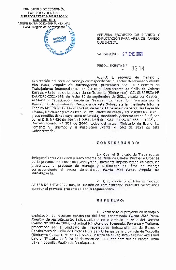 Res. Ex. N° 0214-2022 Aprueba Plan e manejo. (Publicado en Página Web 28-01-2022)