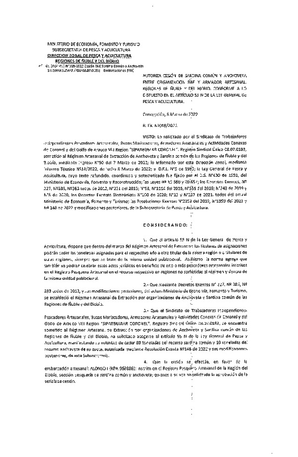 Res. Ex. N° 018-2022 (DZP Ñuble y del Biobío) Autoriza cesión Sardina común y Anchoveta. (Publicado en Página Web 08-03-2022)
